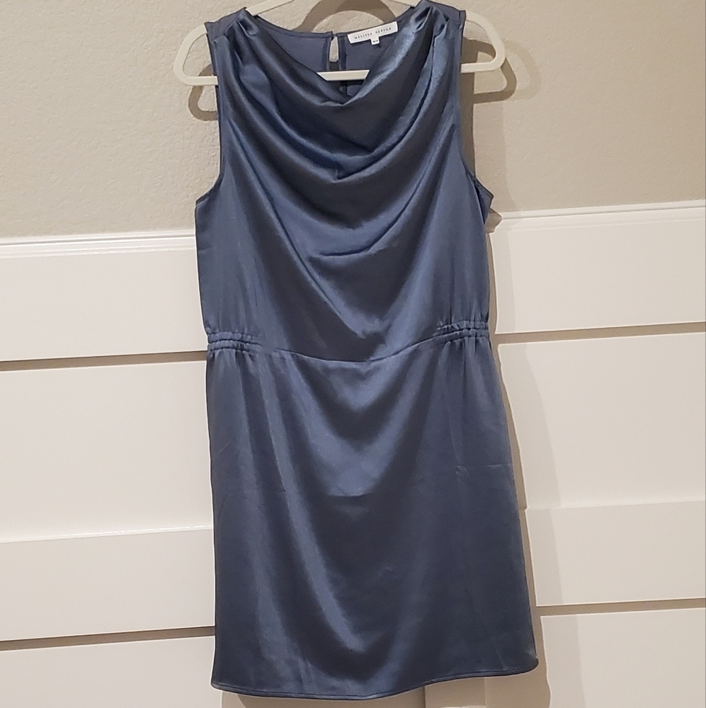MELISSA NEPTON Pewter Drape Neckline Silky Elegant Mini Dress, Med. Near New!